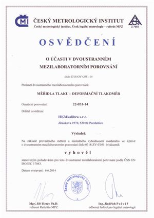 Osvědčení ČMI o mezilaboratorním porovnání - deformační tlakoměr 2014