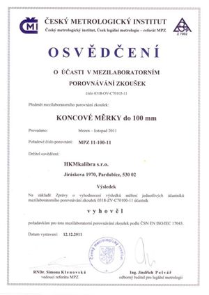 Osvědčení ČMI o mezilaboratorním porovnání - koncové měrky do 100 mm 2011