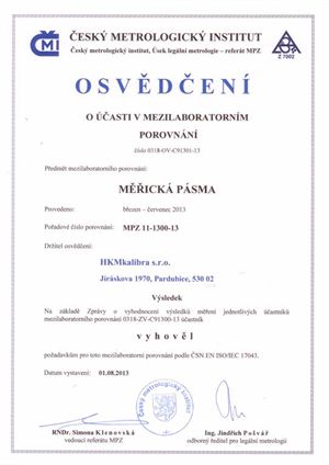 Osvědčení ČMI o mezilaboratorním porovnání - měřická pásma 2013