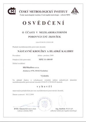 Osvědčení ČMI o mezilaboratorním porovnání - nástavné kroužky a hladké kalibry 2009