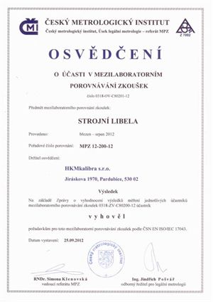 Osvědčení ČMI o mezilaboratorním porovnání - strojní libela 2012