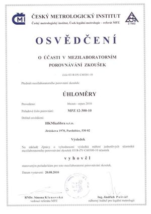 Osvědčení ČMI o mezilaboratorním porovnání - úhloměry 2010
