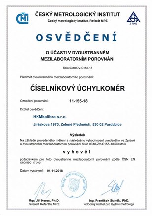 Osvědčení ČMI o mezilaboratorním porovnání - číselníkový úchylkoměr 2018