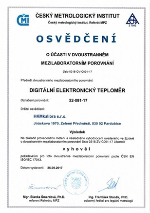 Osvědčení ČMI o mezilaboratorním porovnání - digitální teploměr 2017