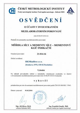 Osvědčení ČMI o mezilaboratorním porovnání - momentový klíč indikační 2016