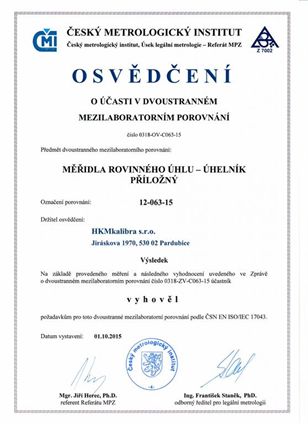 Osvědčení ČMI o mezilaboratorním porovnání - úhelník přiložný 2015