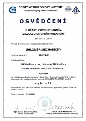 Osvědčení ČMI o mezilaboratorním porovnání - úhloměr mechanický 2021