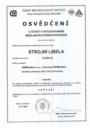 Osvědčení ČMI o mezilaboratorním porovnání - libela