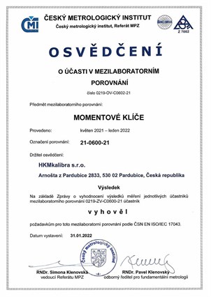 Osvědčení ČMI o mezilaboratorním porovnání - moment síly 2021