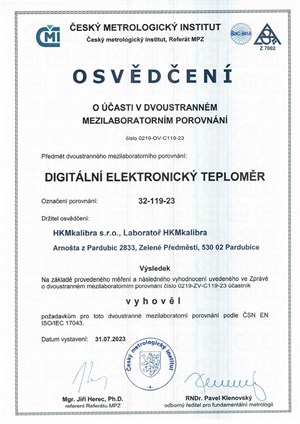 Osvědčení ČMI o mezilaboratorním porovnání - teploměr