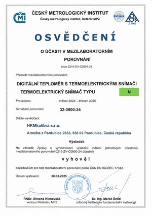 Osvědčení ČMI o mezilaboratorním porovnání - teplota 2024