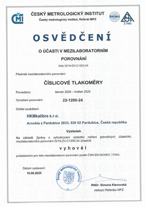 Osvědčení ČMI o mezilaboratorním porovnání - tlak 2024