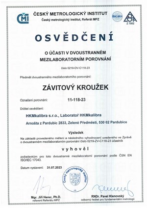 Osvědčení ČMI o mezilaboratorním porovnání - závitový kroužek